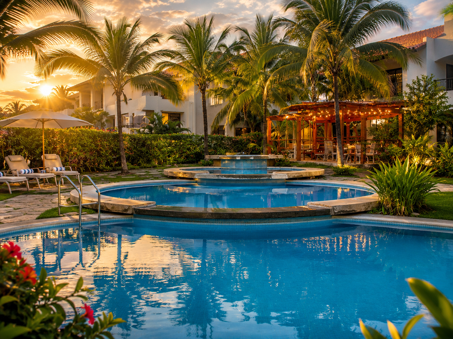 Cascading resort pool with palm trees and sunset glow at Coco Sunset Hills